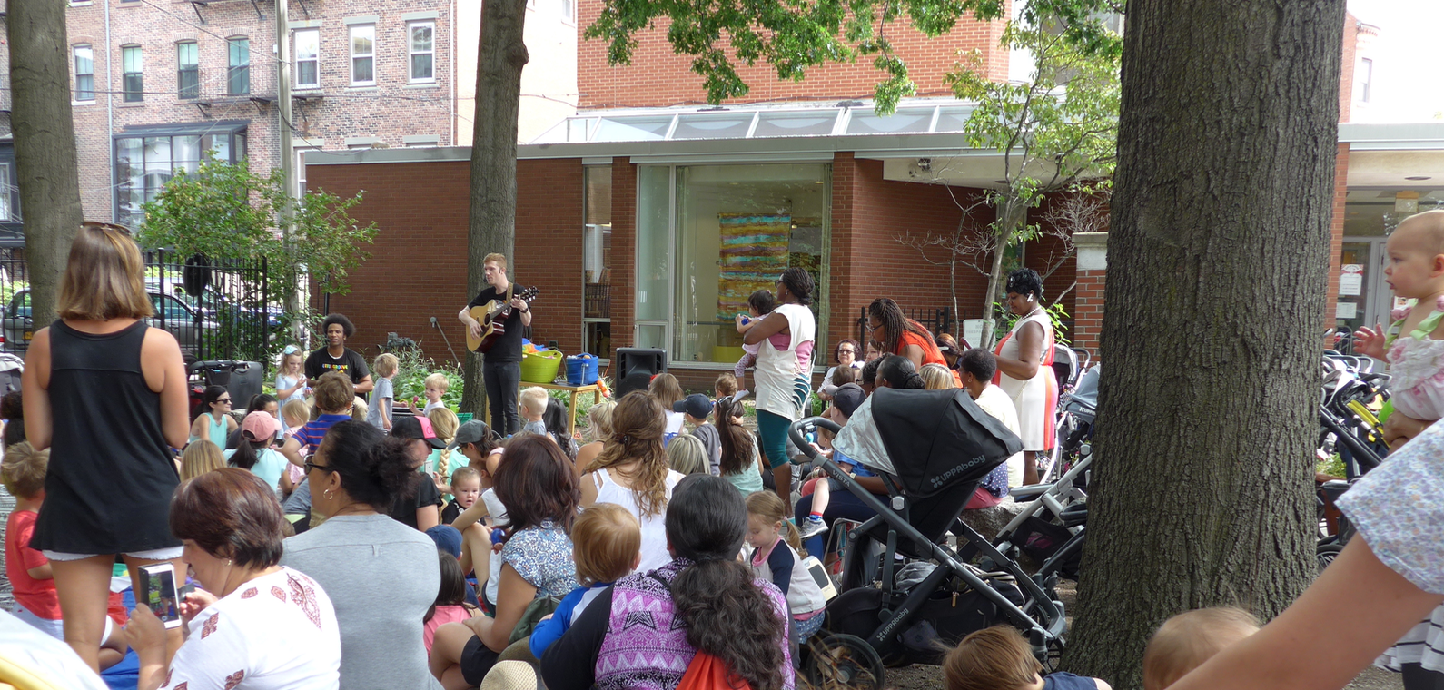 Library Park is a popular 'outside living room' for children's events, sponsored by the Friends of the South End Library and the South End branch
