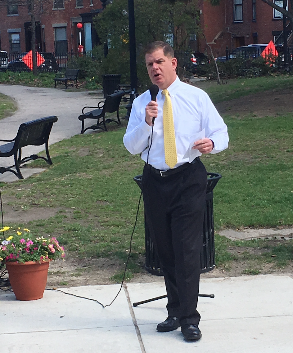 Mayor Marty Walsh speaking at a Coffee Hour in Titus Sparrow Park in early May about his commitment to South End's needs, including the renovations of Library Park and the South End Branch Library of the BPL