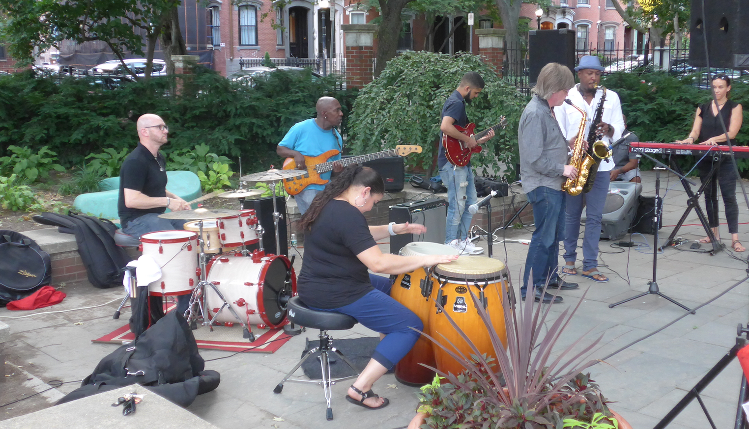 From left to right: Zeke Martin, drums; Daniel Day, bass; Zayra Pola Ocassio, percussion; Antonio Loomis, guitar; Pat Loomis, alto sax; and Elan Trotman, tenor sax.