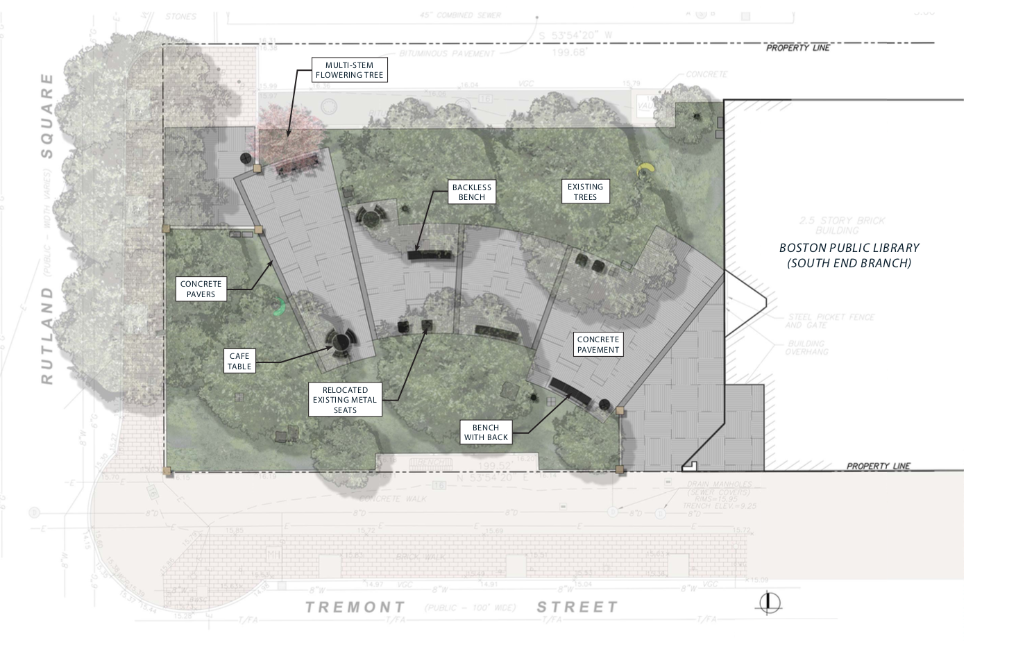 The new furniture for Library Park will be added to the already installed chairs saved from the previous park layout.