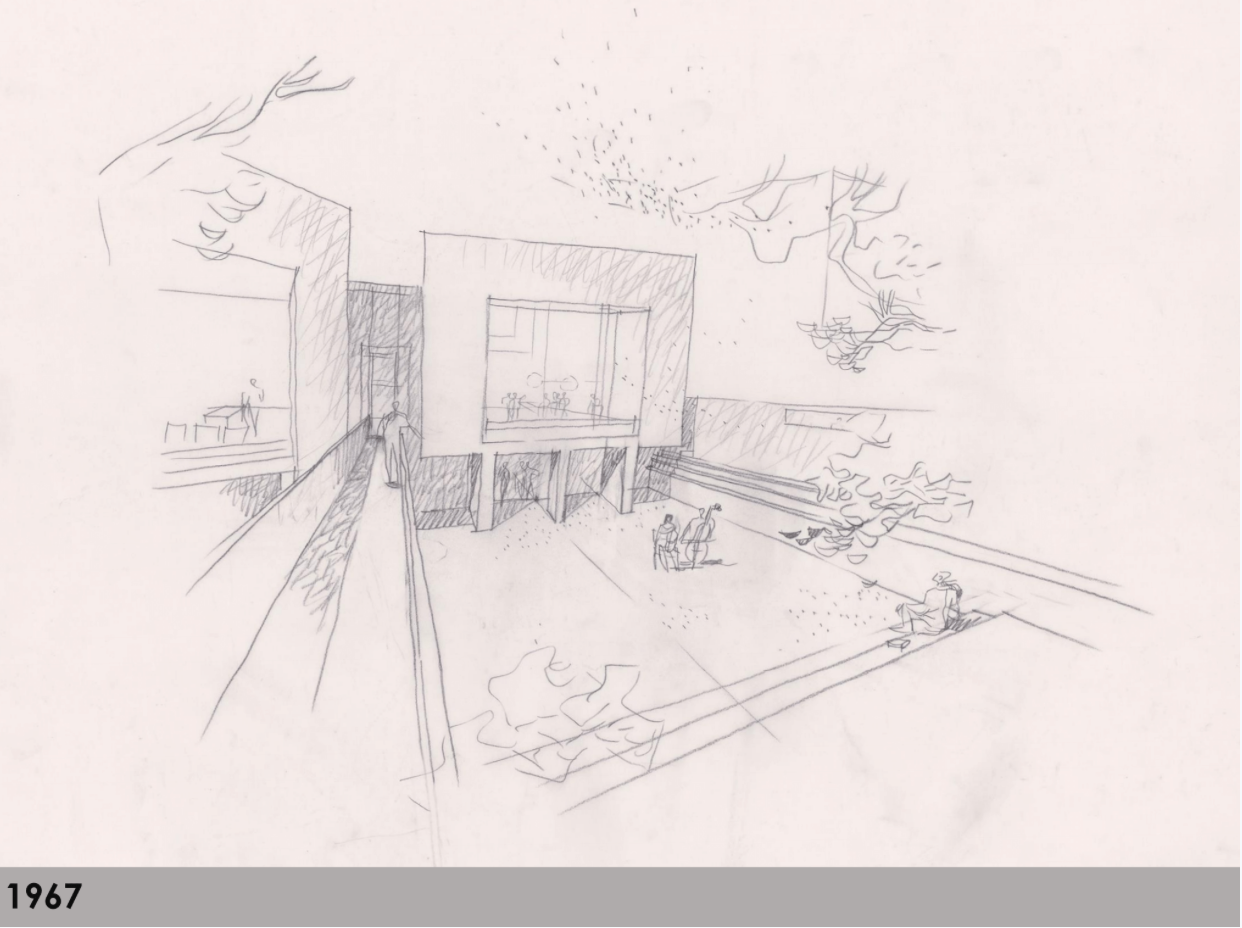 An early proposal by Romaldo Giurgola for a sunken courtyard next to the South End library, with a dug-out lower level