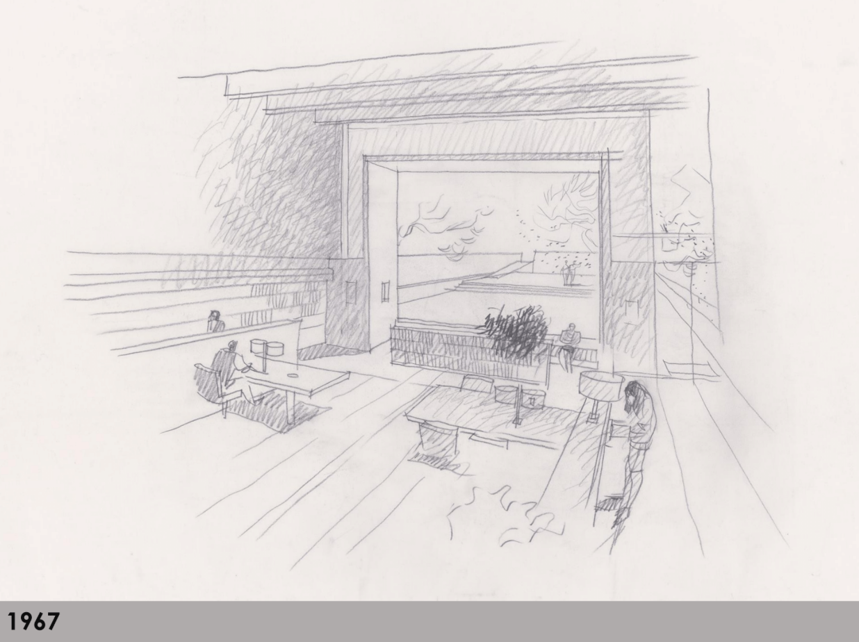 A view from the interior of the library onto a proposed sunken courtyard
