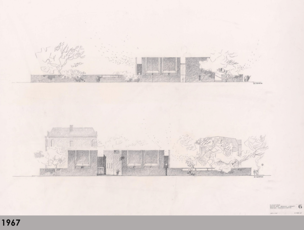 Early designs for the branch showed the building on different sides of the lot on Tremont Street