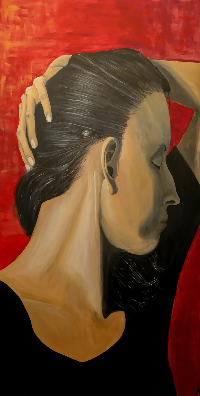 Artist Priscila Soares' Abutment painting is a self-portrait that prominently shows the screw she has on her head that connects to her bone-anchored hearing aid (BAHA).