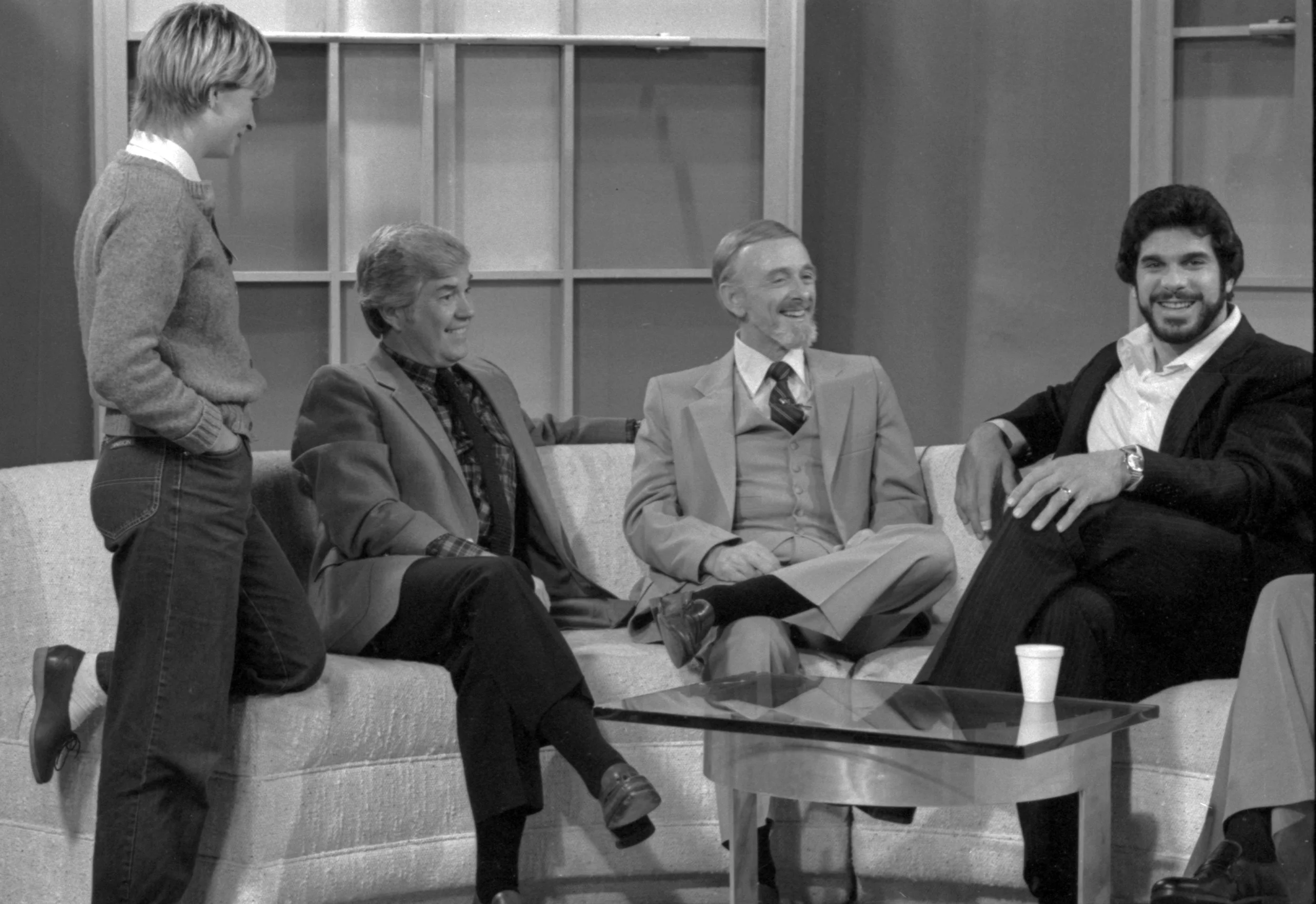 Herb Larson (left) and Lou Fant (center) with actor Lou Ferrigno on the set of Silent Network's long-running series “Off-Hand.”