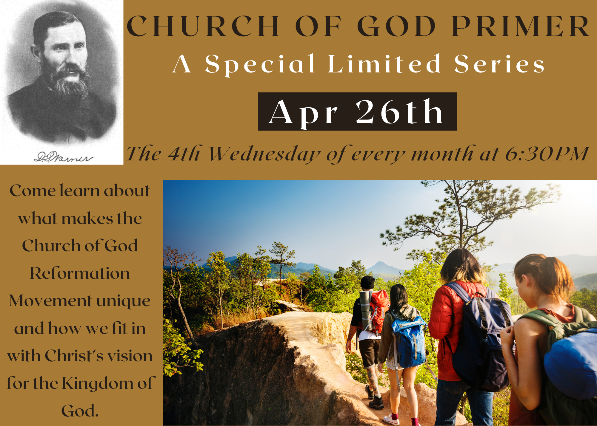 CHURCH OF GOD PRIMER A Special Limited Series The 4th Wednesday of every month. First session Feb 22nd at 630PM Come learn about what makes the Church of God Reformation Movement unique and how we fit in with Ch (2).png
