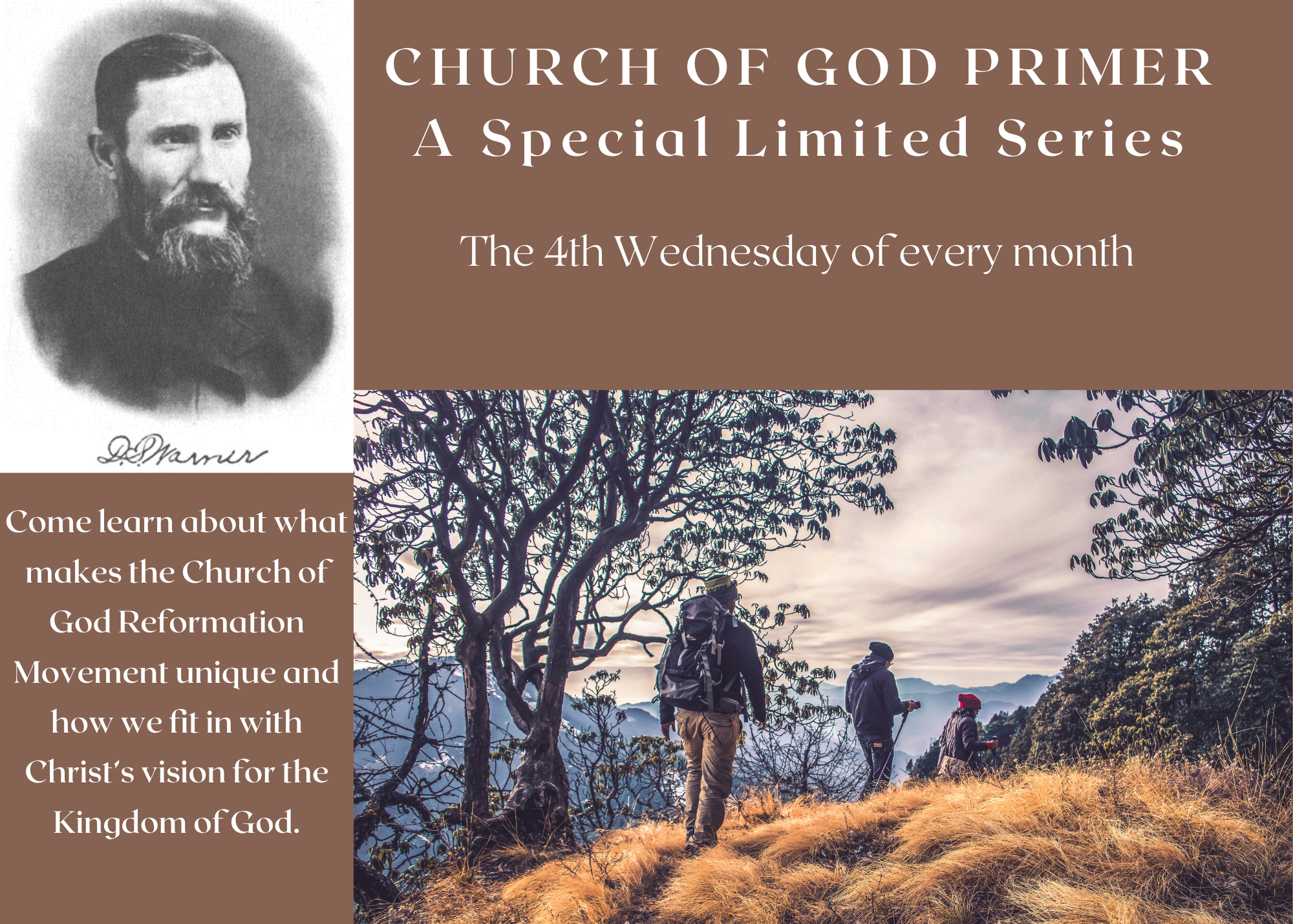 CHURCH OF GOD PRIMER A Special Limited Series The 4th Wednesday of every month. First session Feb 22nd at 630PM Come learn about what makes the Church of God Reformation Movement unique and how we fit in with Ch (5).png