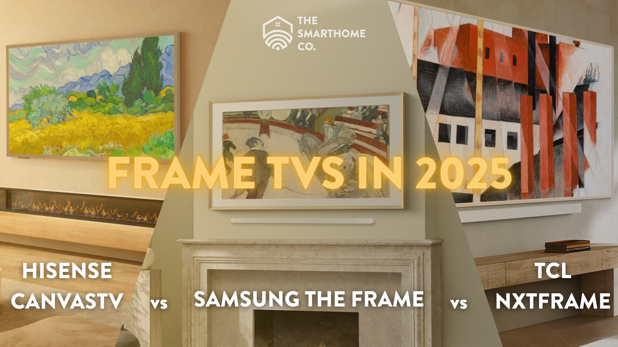 Frame TV comparison blog graphic for Samsung Hisense and TCL frame TVs.