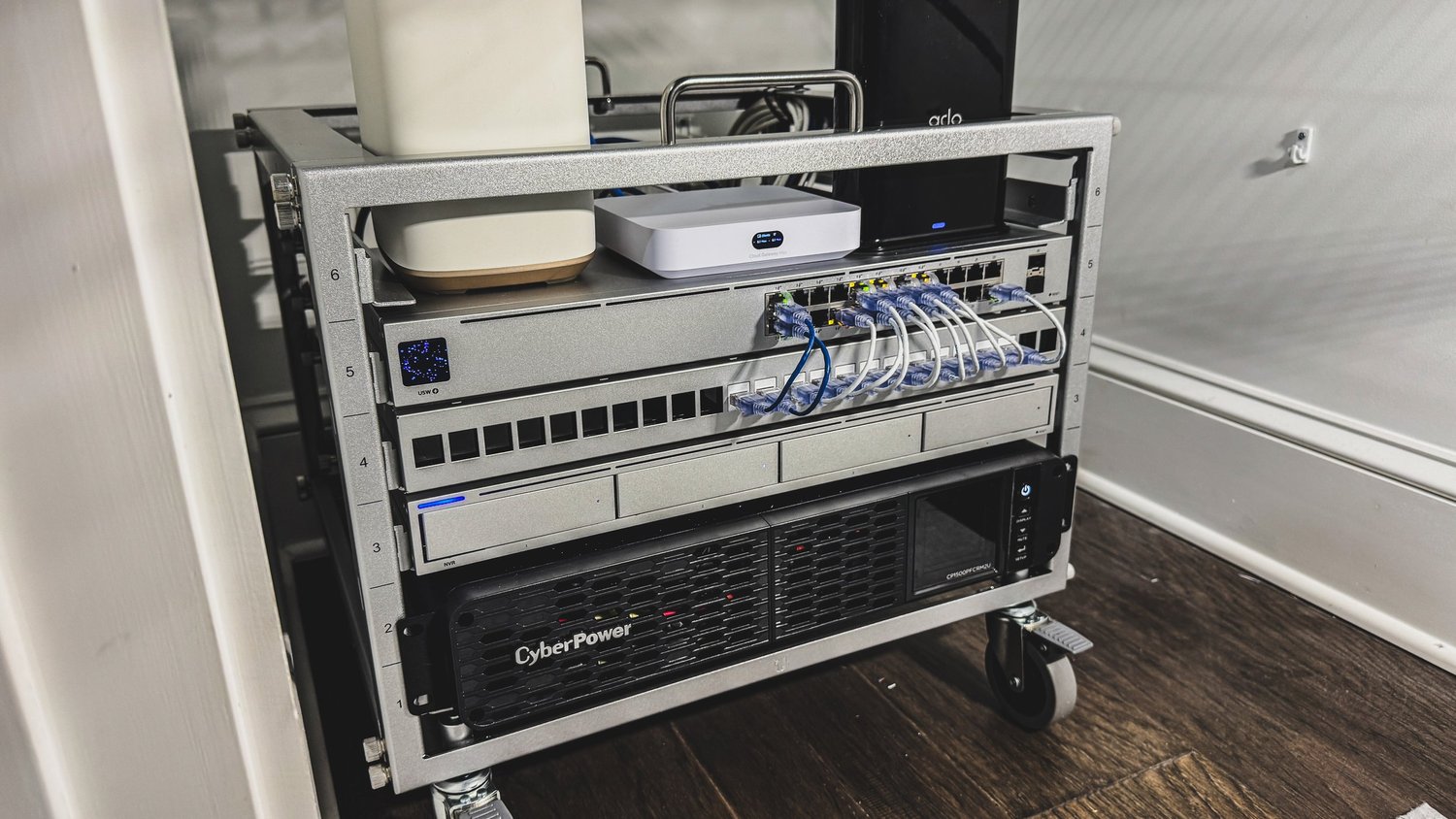 Organized network rack with connected networking equipment