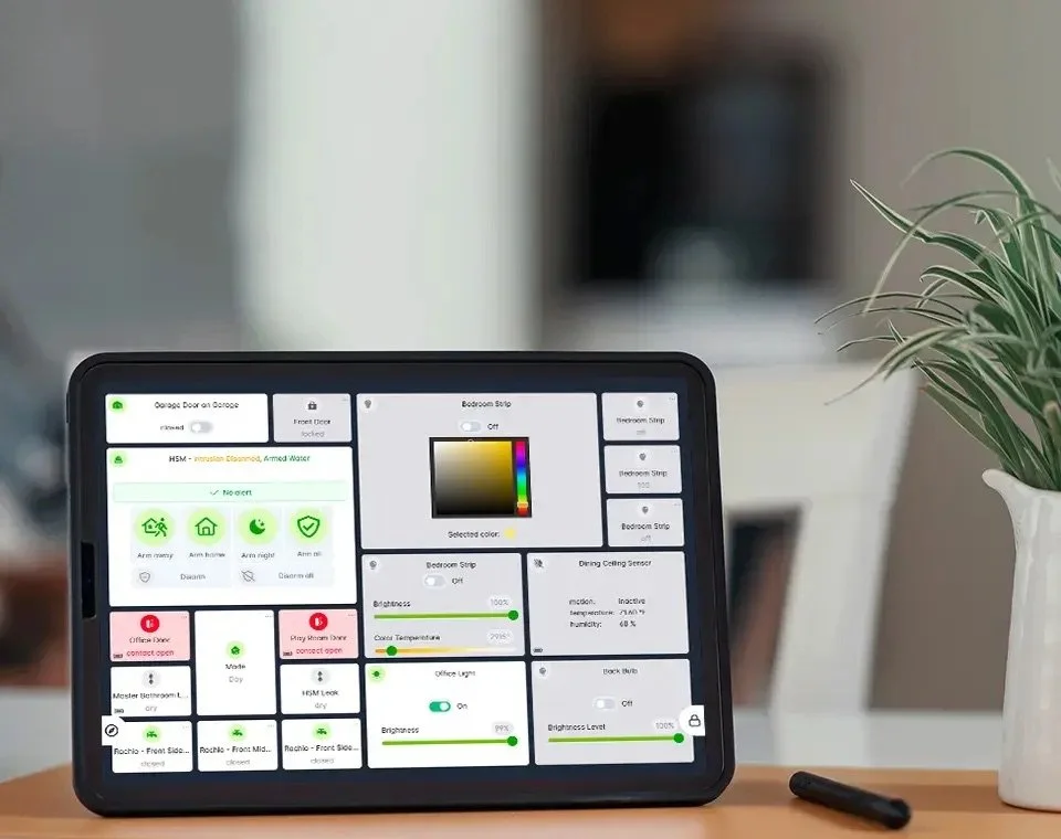 Smart home dashboard showing connected lighting, security, and comfort controls
