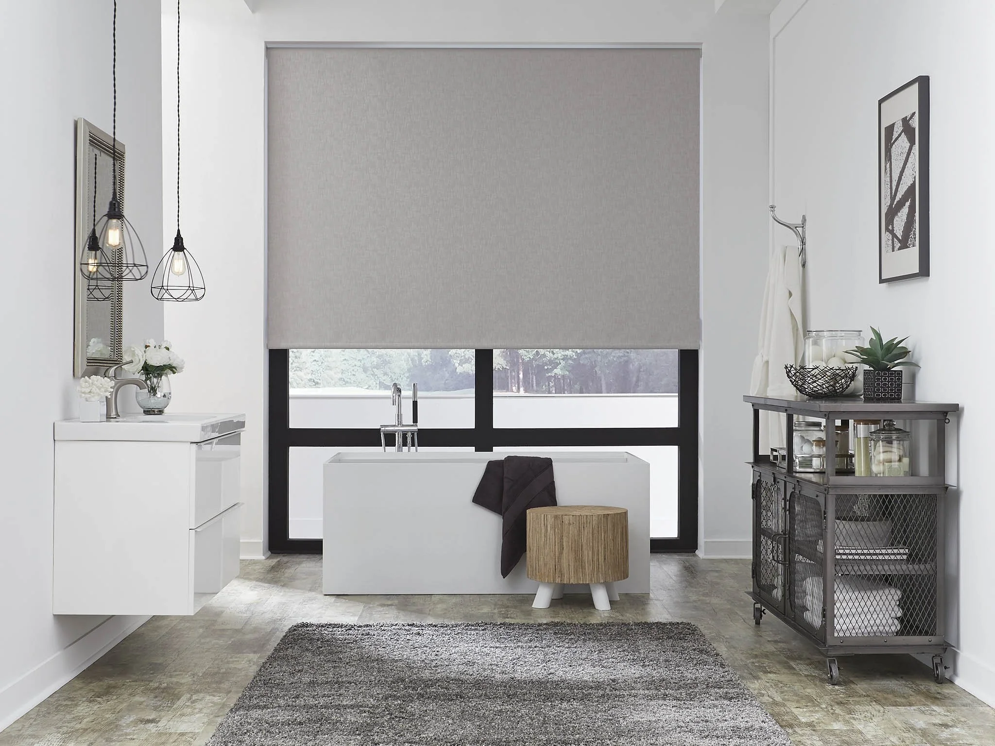 Automated shade installation in a bathroom for privacy and light control
