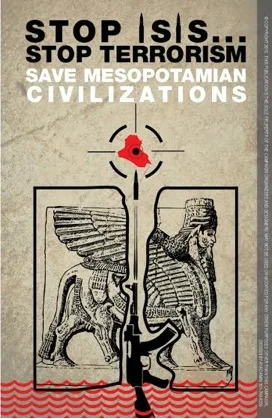 The logo of the campaign for protecting Iraq’s heritage. The logo shows that the terrorist groups of ISIS have destroyed the ancient Mesopotamian antiquities. The winged-bull in the poster is a symbol of power in the Assyrian civilization. (Image credit: Ayad al-Hiti, 2015)