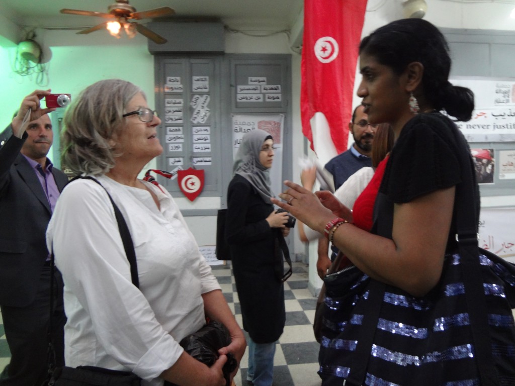Workshop participants visited the headquarters of the previous ruling party, the basement of which was used as a prison. It is now a center for human rights. Shown here are Ereshnee Naidu (right), from the Coalition of Sites of Conscience, and Shirley Gunn (left), from the Human Rights Media Center in South Africa.
