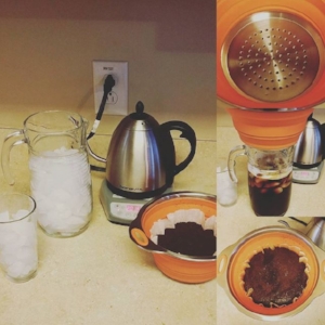 Here is my set up for making a pitcher of Iced Coffee at home!