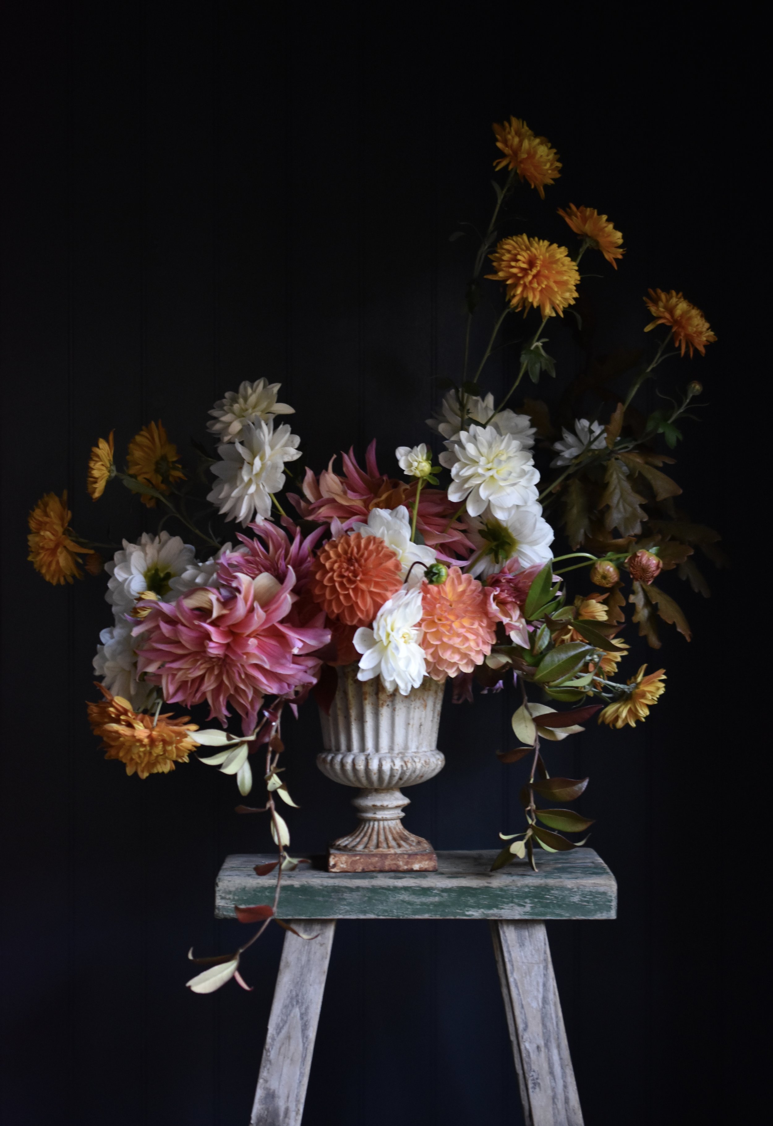 an urn of flowers