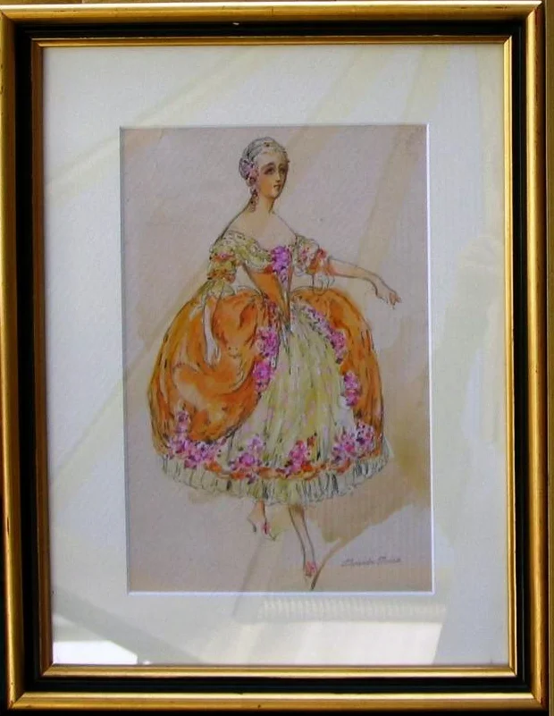 Costume design for ballet "Cameo" in Baliev's "Bat Theatre" 1924 - 1925. Gouache on paper, size 29 x 19 cm. Эскиз костюма из коллекции Лифаря, Париж. ОШИБОЧНО приписан Лифарем Александру Бенуа. На самом деле это эскизы Николая Бенуа к спектаклю «Камея» в театре Балиева «Летучая мышь» (см. Программку).