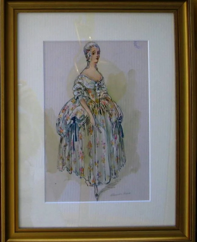 Costume design for ballet "Cameo" in Baliev's "Bat Theatre" 1924 - 1925. Gouache on paper, size 29 x 19 cm. Эскиз костюма из коллекции Лифаря, Париж. ОШИБОЧНО приписан Лифарем Александру Бенуа. На самом деле это эскизы Николая Бенуа к спектаклю «Камея» в театре Балиева «Летучая мышь» (см. Программку).