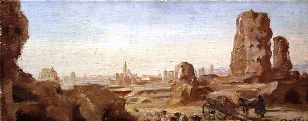 Kara Khodja, Gobi desert. Oil on canvas on board. Size: 28.5 x 70 cm. Signed and dated 1931. From collection of Victor Tanguy.