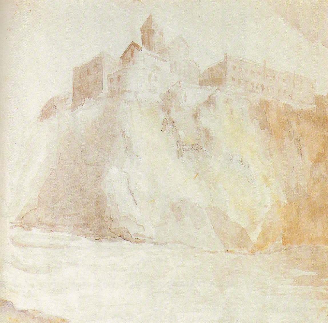 The castle, Georgia. Watercolour on paper. Size: 27.5 x 28.7 cm. This was made for illustration for the magazine "Vokrug Sveta" (Around the World), No 2, 1941, Moscow.