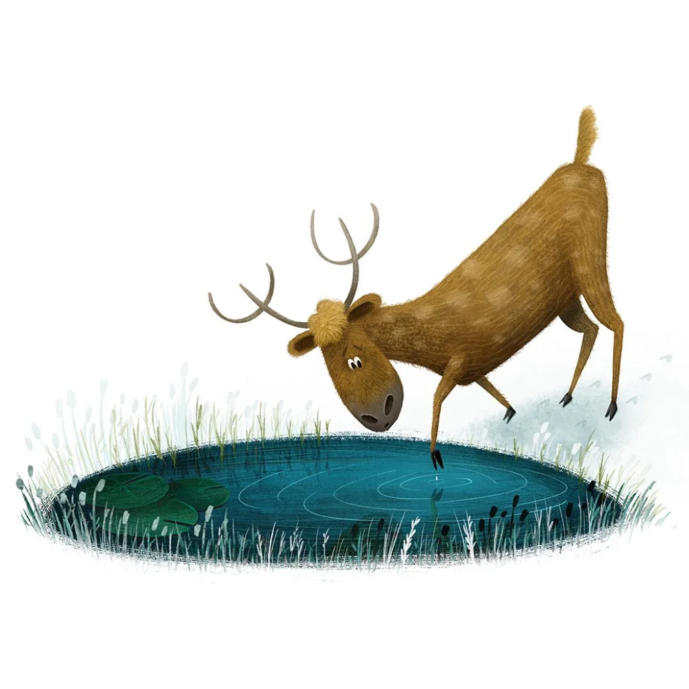 Eland buigt zich naar een kleine vijver met waterlelies. Persoonlijk werk van Coen Hamelink.