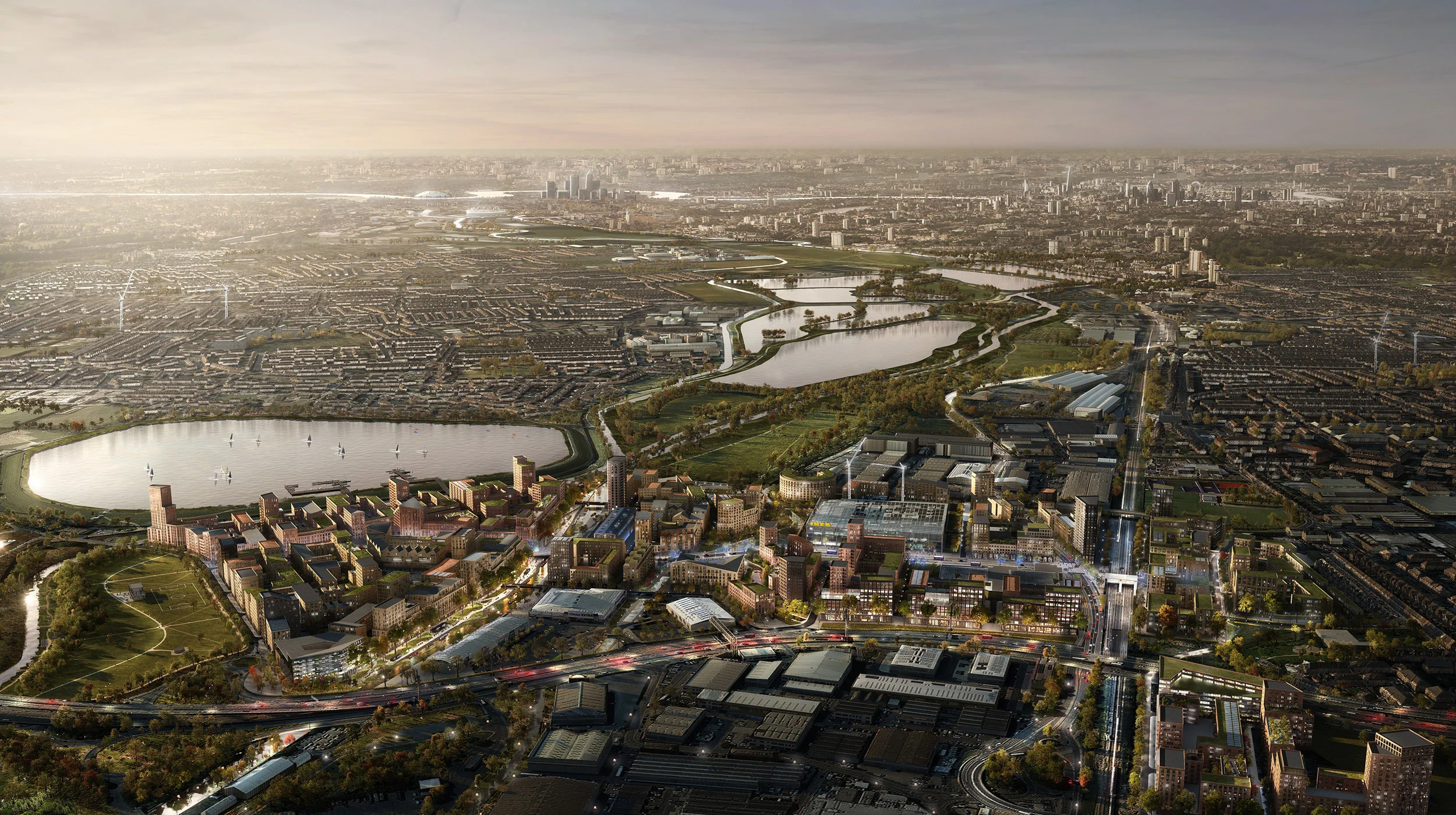 CGI of the Meridian Water masterplan, looking south
