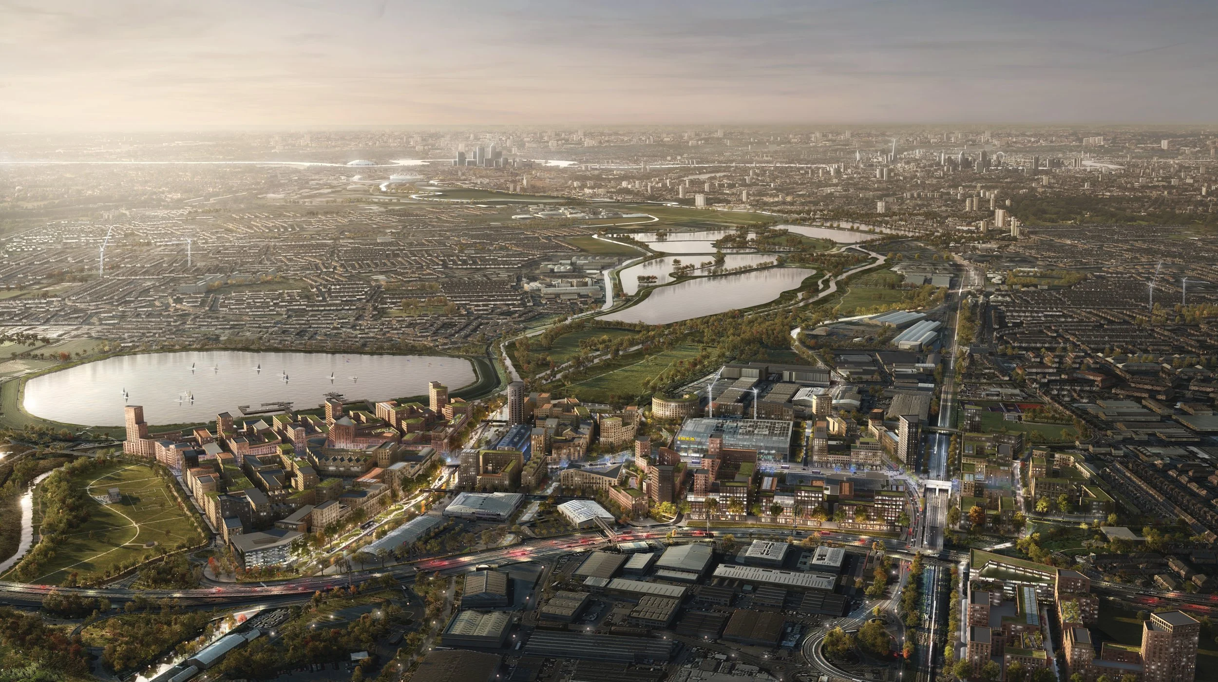 CGI of the Meridian Water masterplan, looking south