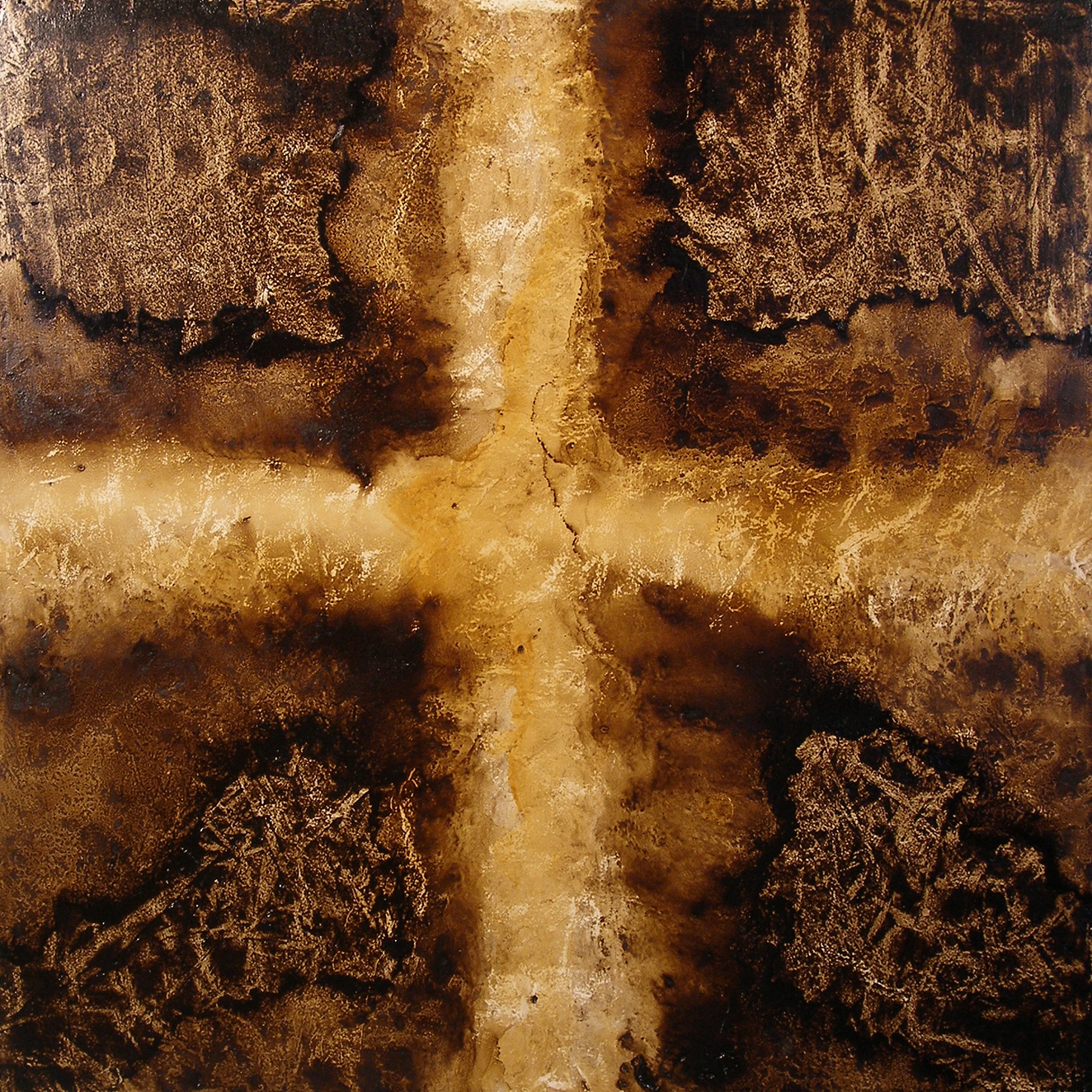   From “Cross” series, 20”X20”, Dissolved roofing tar on white panel, 2010  