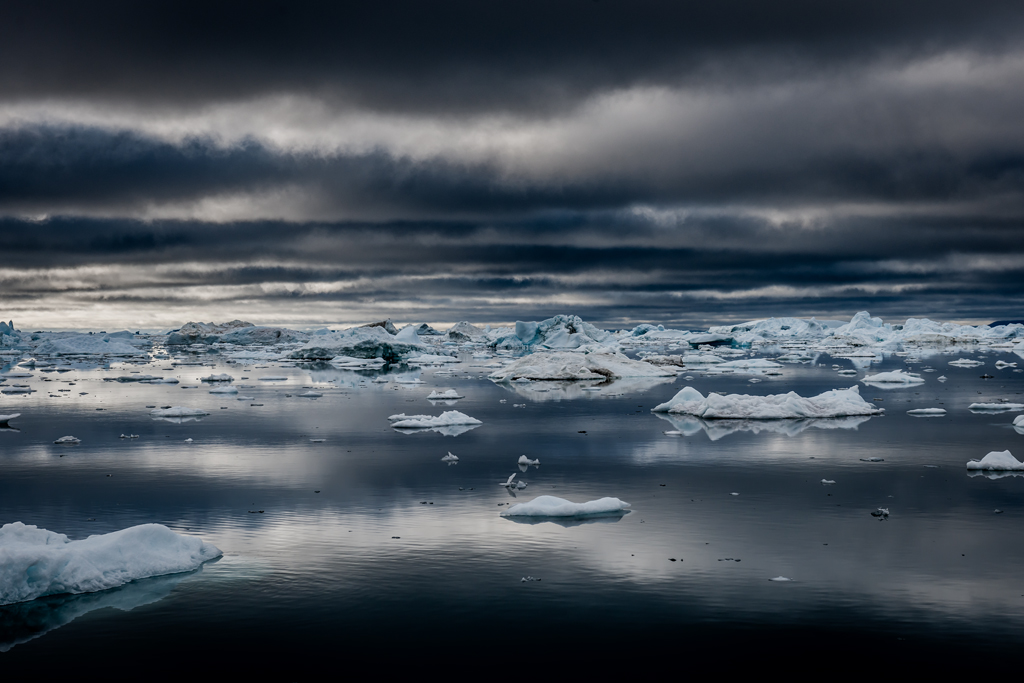 hundreds of small icebergs floating out at calm sea with dark ominous sky