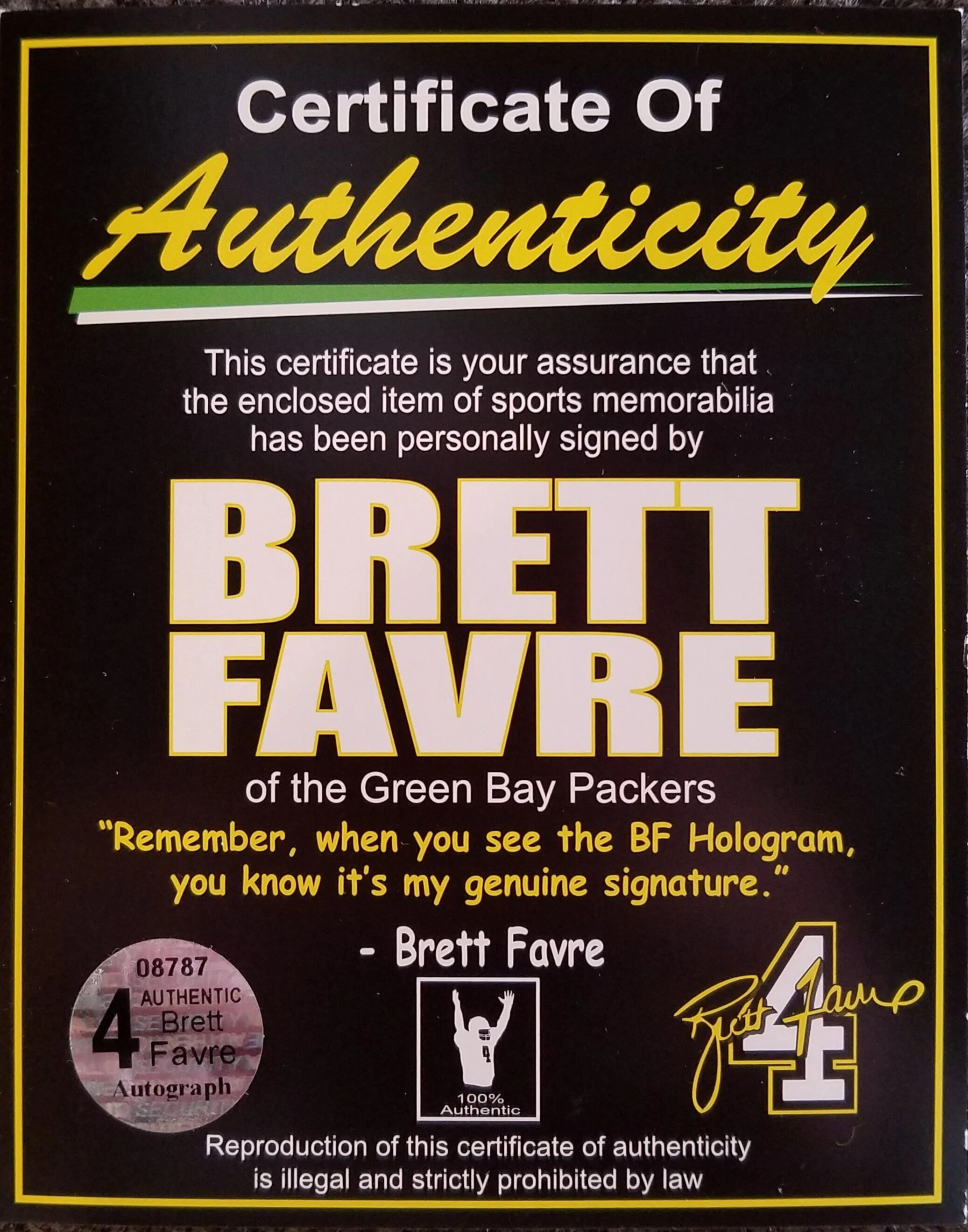 brett favre certificate of authenticity