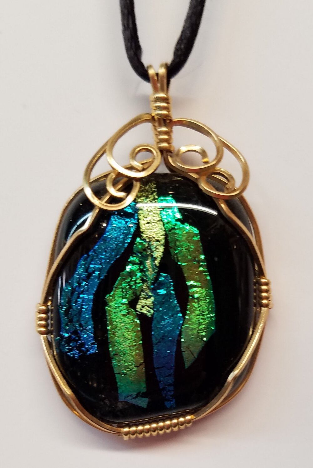 Sterling Silver Wire Wrapped Dichroic Glass Pendant | Memorial Jewelry Oxidized (dark) / Green / in Backing