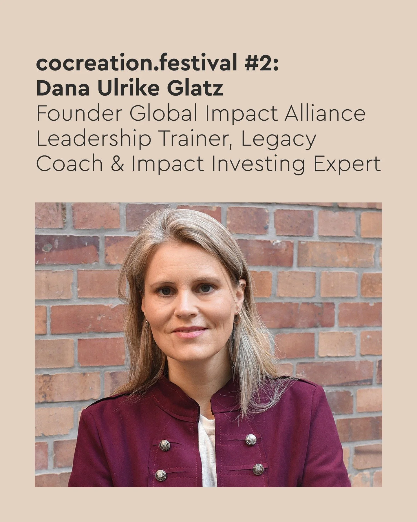 🌿 Wisdom is consciousness in action.
At cocreation.festival, we’re honored to welcome Dana Ulrike Glatz, founder of Global Impact Alliance. Dana brings together wisdom keepers, finance leaders and visionary changemakers to foster a new narrat