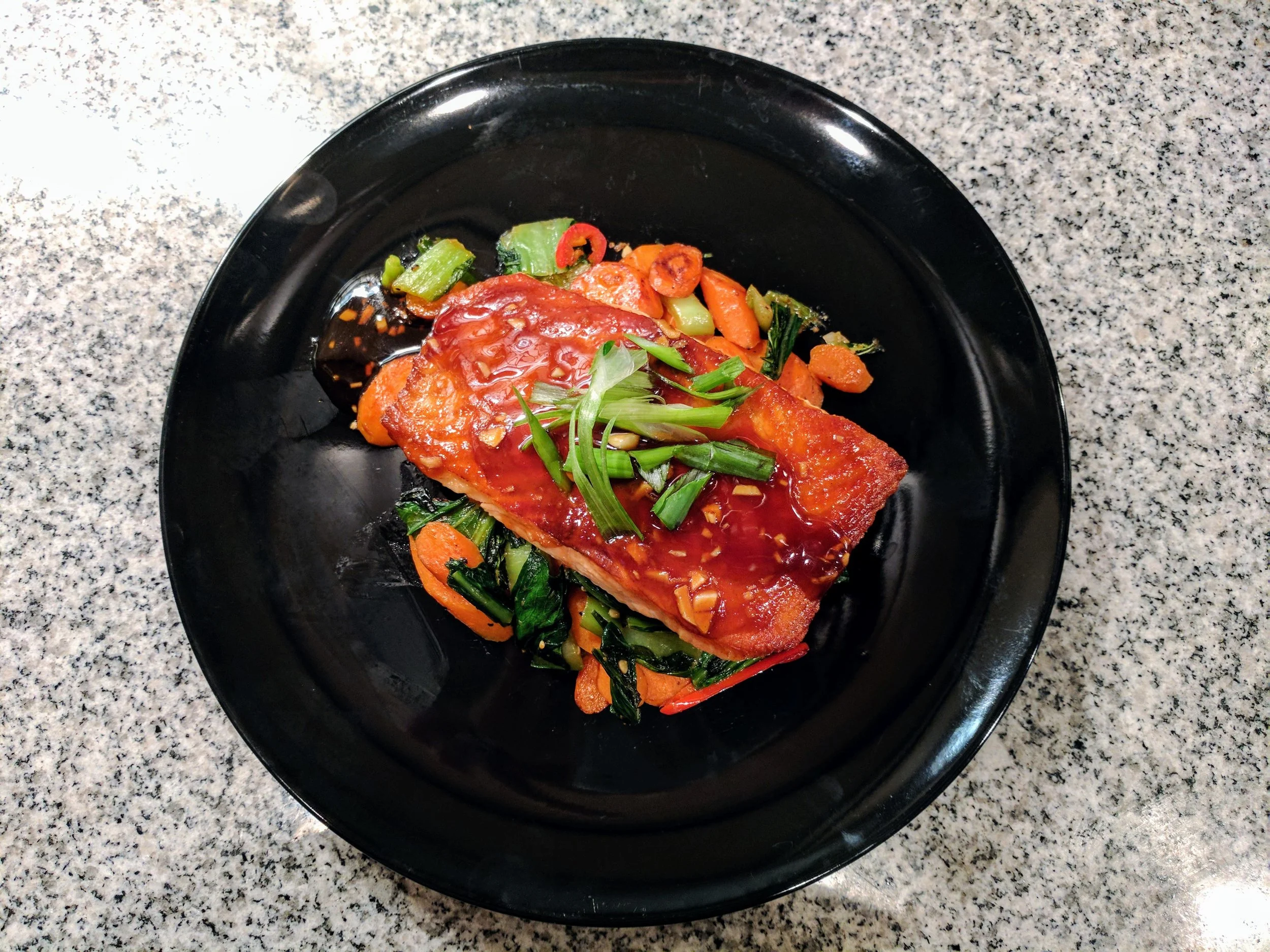 Teriyaki Ginger-Glazed Salmon with stir-fried bok choy and carrots