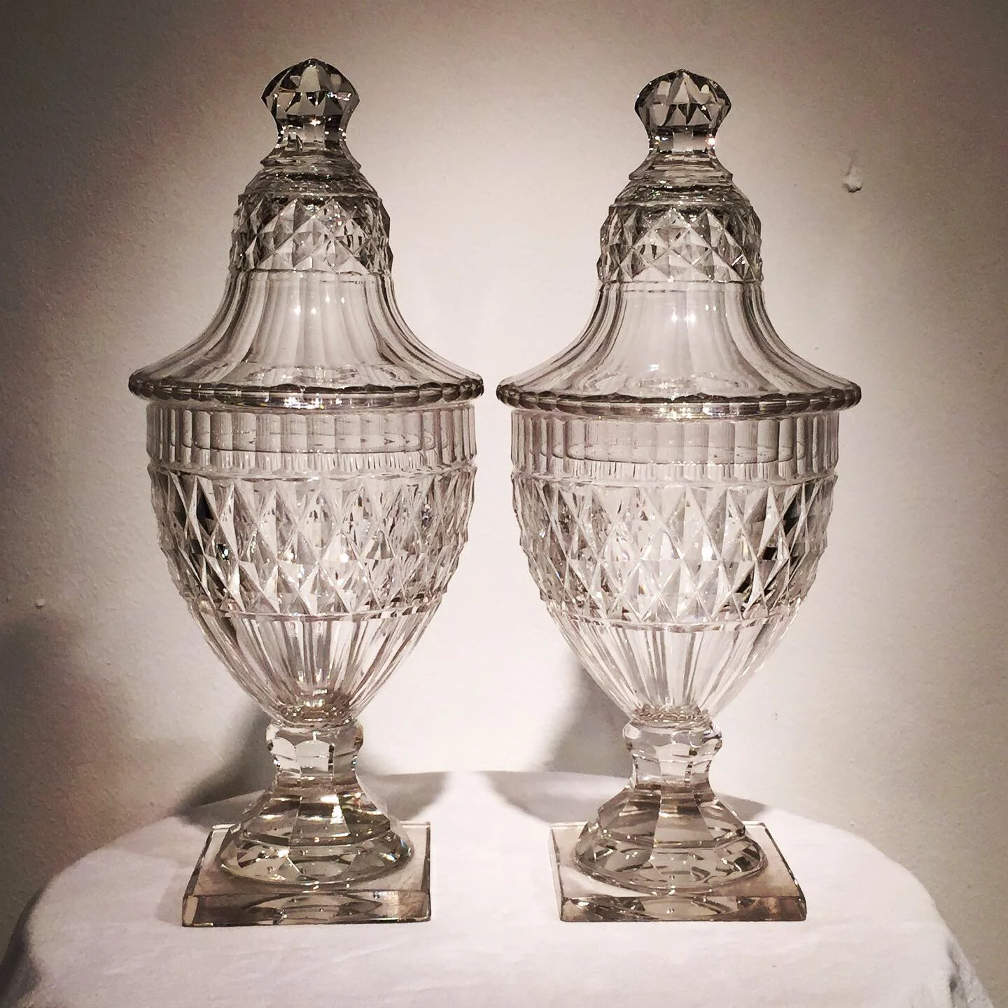 Pair of 18th Century Cut Crystal Conserve or Sweetmeat Jars and Covers