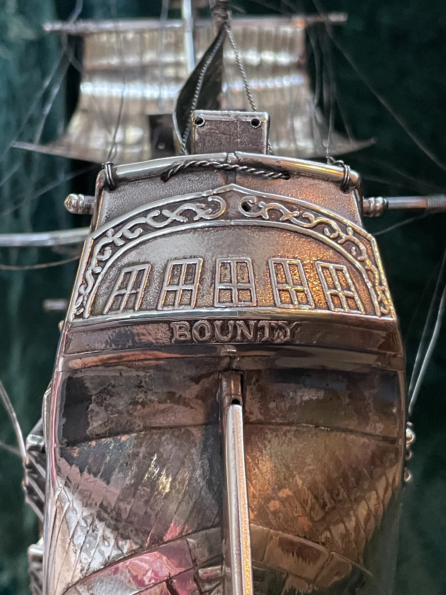 A silver scale model of HMS Bounty, hallmarked Morocco, 1889.