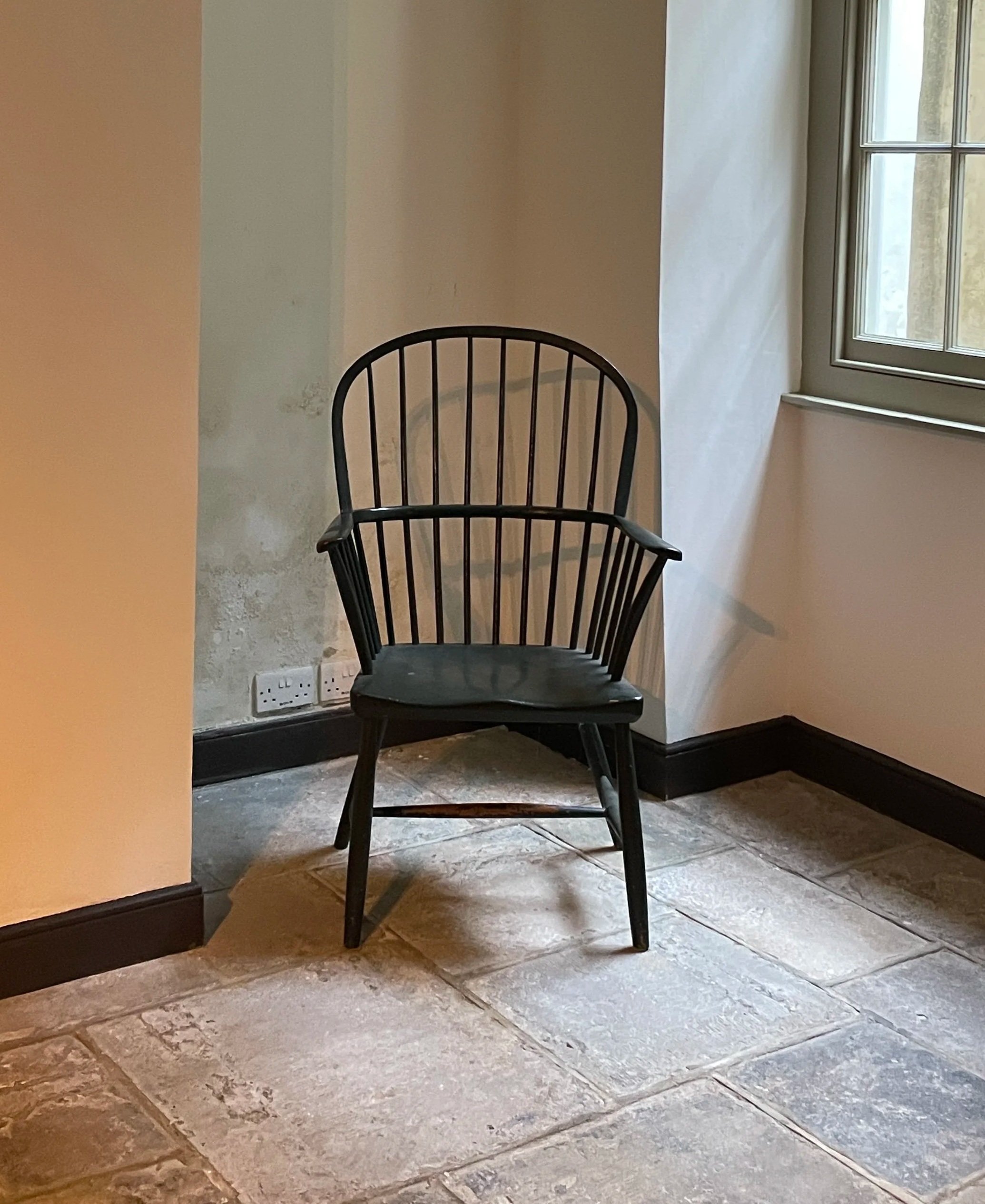 George III period painted stick back Windsor chair of unusual large scale.