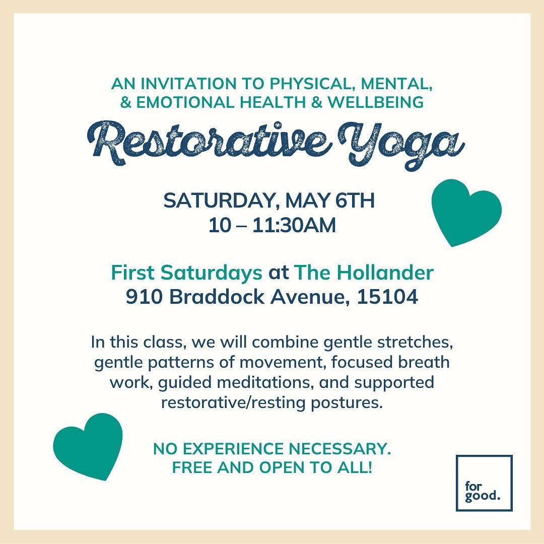 This Saturday at 10! Join us for restorative yoga at the Hollander! Free and open to all. ❤️