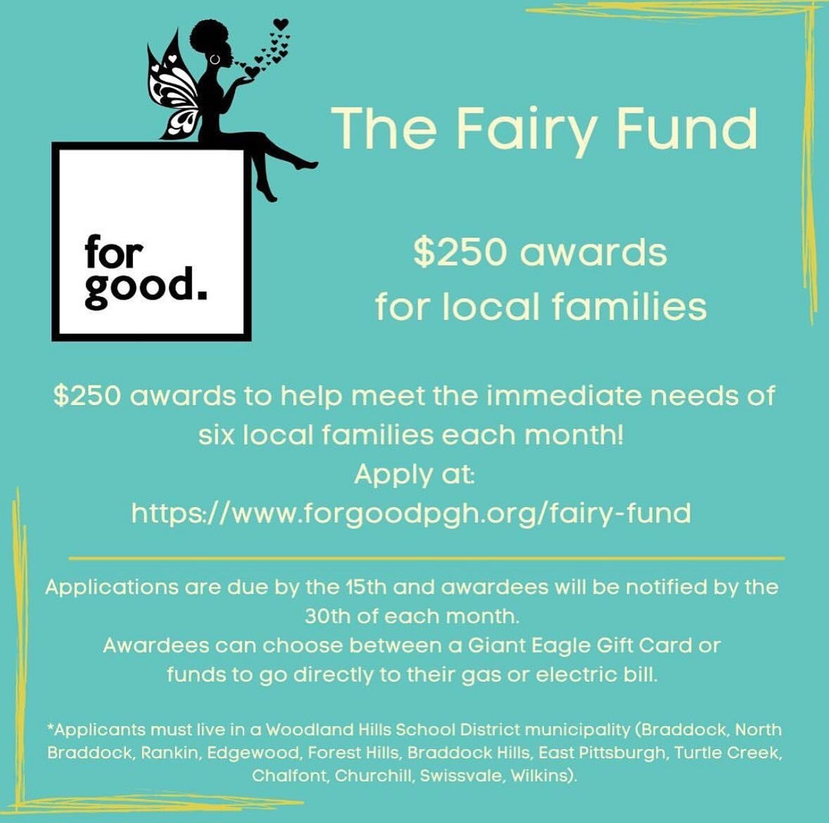 Today is the last day to apply for our May Fairy Fund! $250 gifts for local families facing immediate need. 
*must live in the Woodland Hills School District 
www.forgoodpgh.org/Fairy-fund