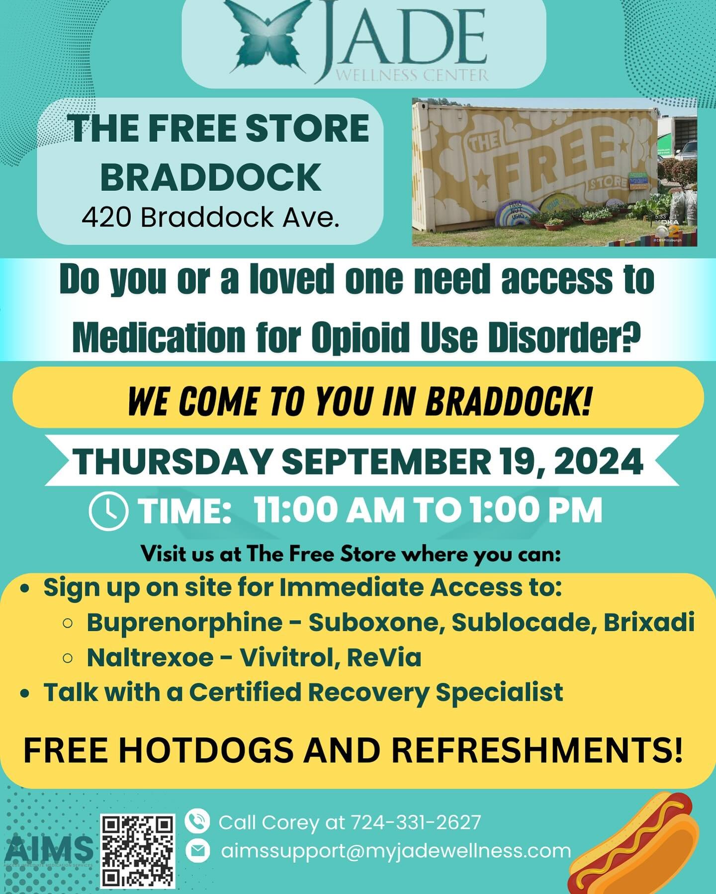We&rsquo;re looking forward to hosting @jadewellnesscenters at @freestore15104 this Thursday! Jade is an incredible resource for access to medication for opioid use disorders and more. Plus hot dogs!🌭 See you Thursday.