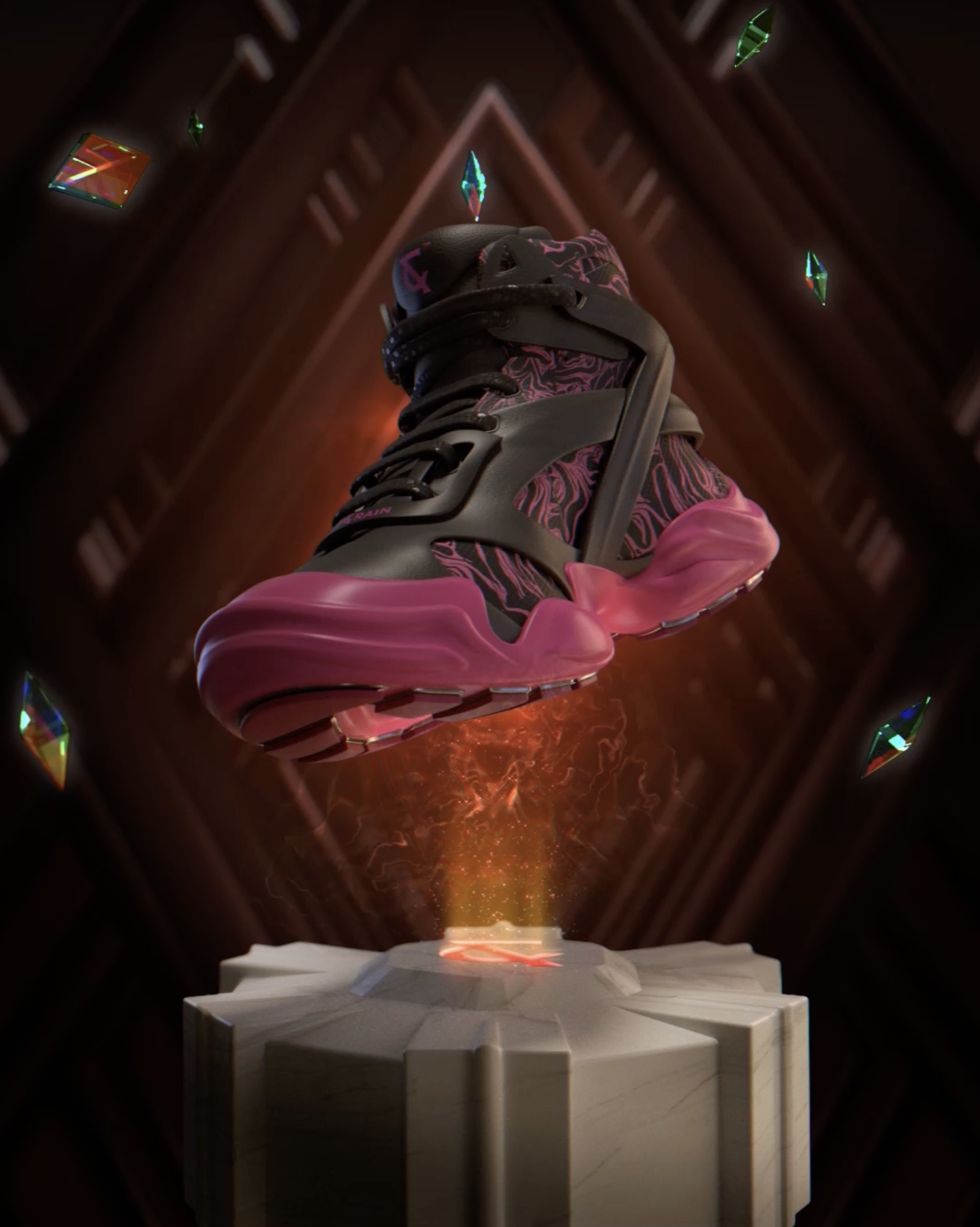 Designs rendered in 3D, still shots from a 4K rotating sneaker NFT.