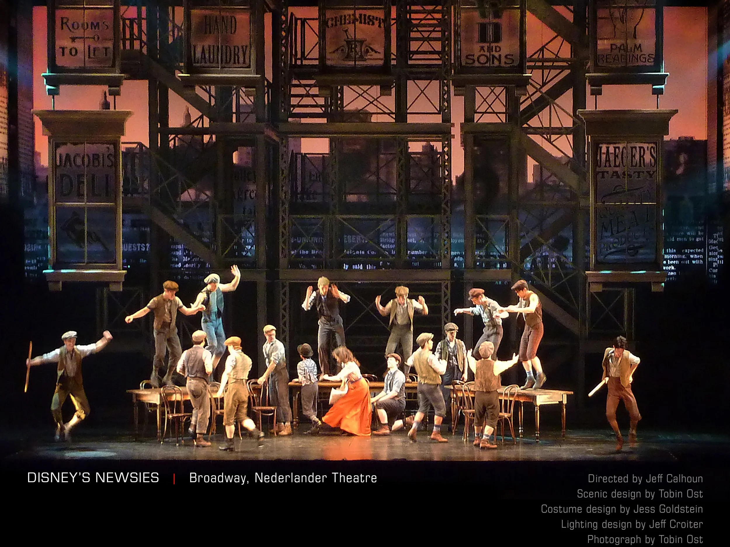 “Director Jeff Calhoun… ably handles the storytelling around Tobin Ost’s innovative set, which consists of three erector-set towers combined in different configurations.”