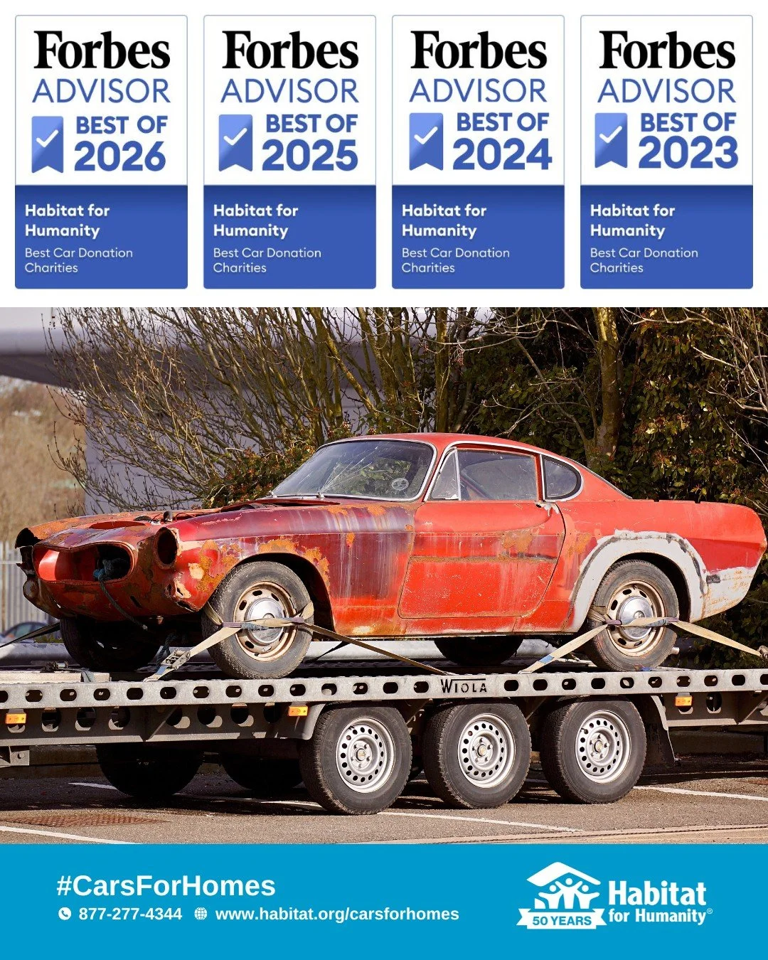 Credibility that counts. Impact you can see. Rated #1 for four years in a row because every car helps build a home. When you donate your vehicle to Habitat for Humanity, you're backing one of the most impactful car donation charities out there.

Star