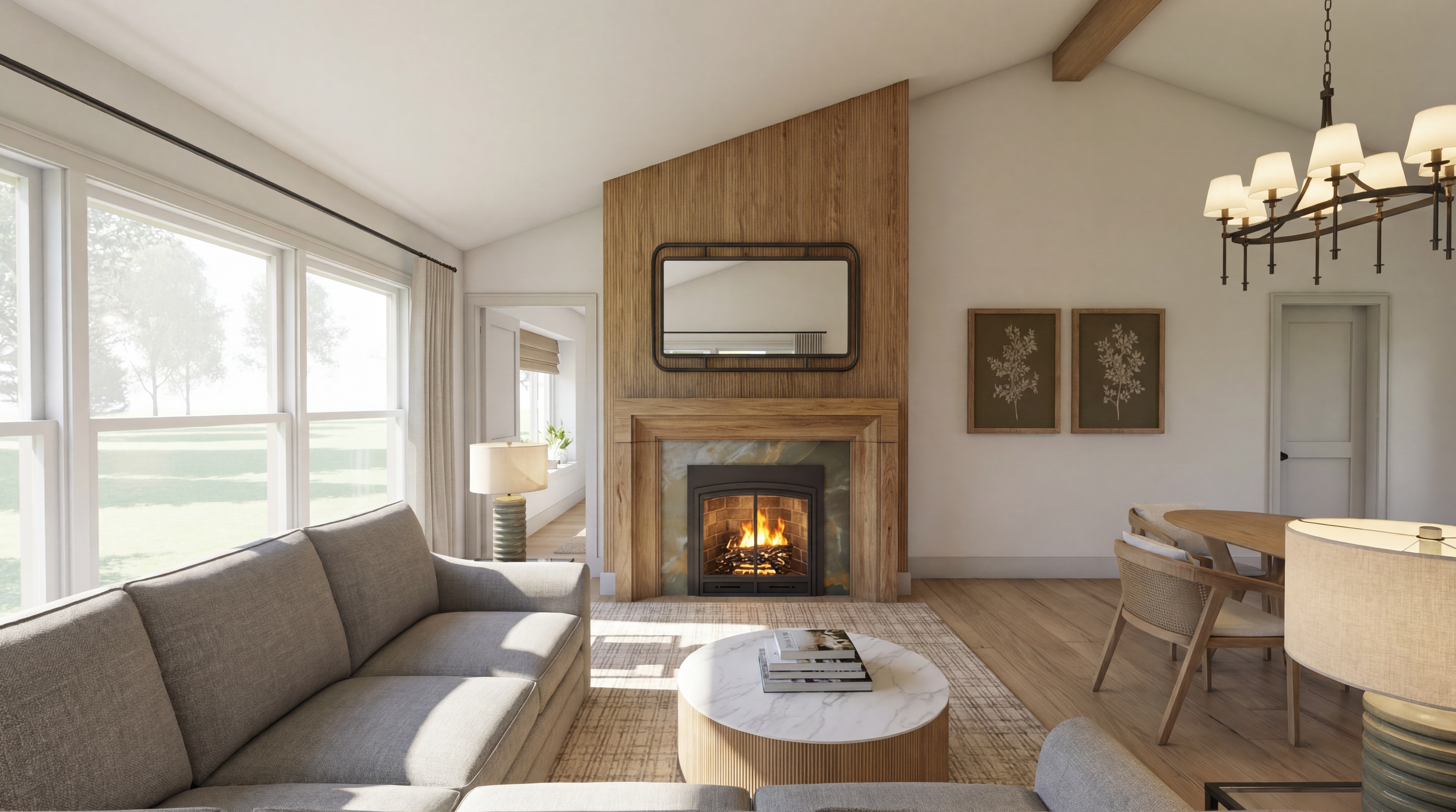 Living room with gray sofa, marble-topped coffee table, fireplace with a mirror above, large windows with curtains, wooden and beige decor, chandelier, and dining area with chairs and artwork on the wall.