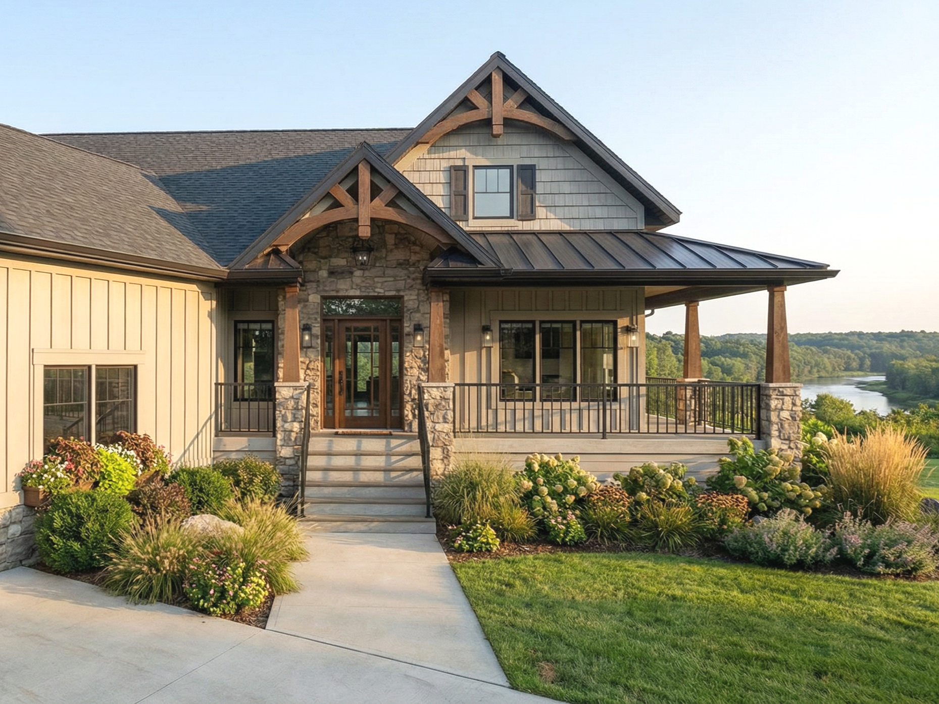 A modern house with a front porch, stone and siding exterior, and landscaped garden with shrubs and flowers, overlooking a river and green hills in the background.