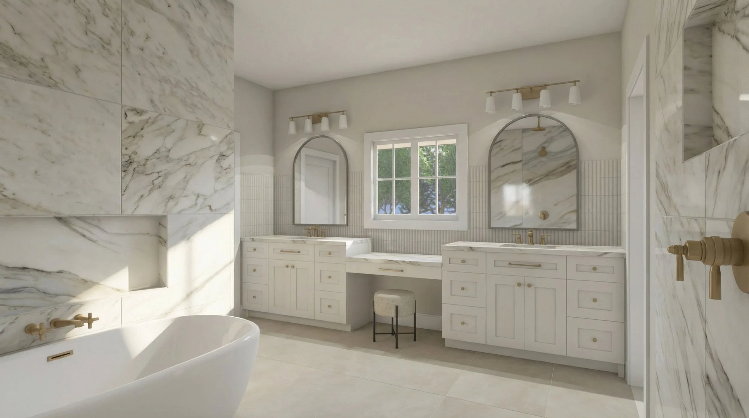 Primary bathroom with twin vanities.