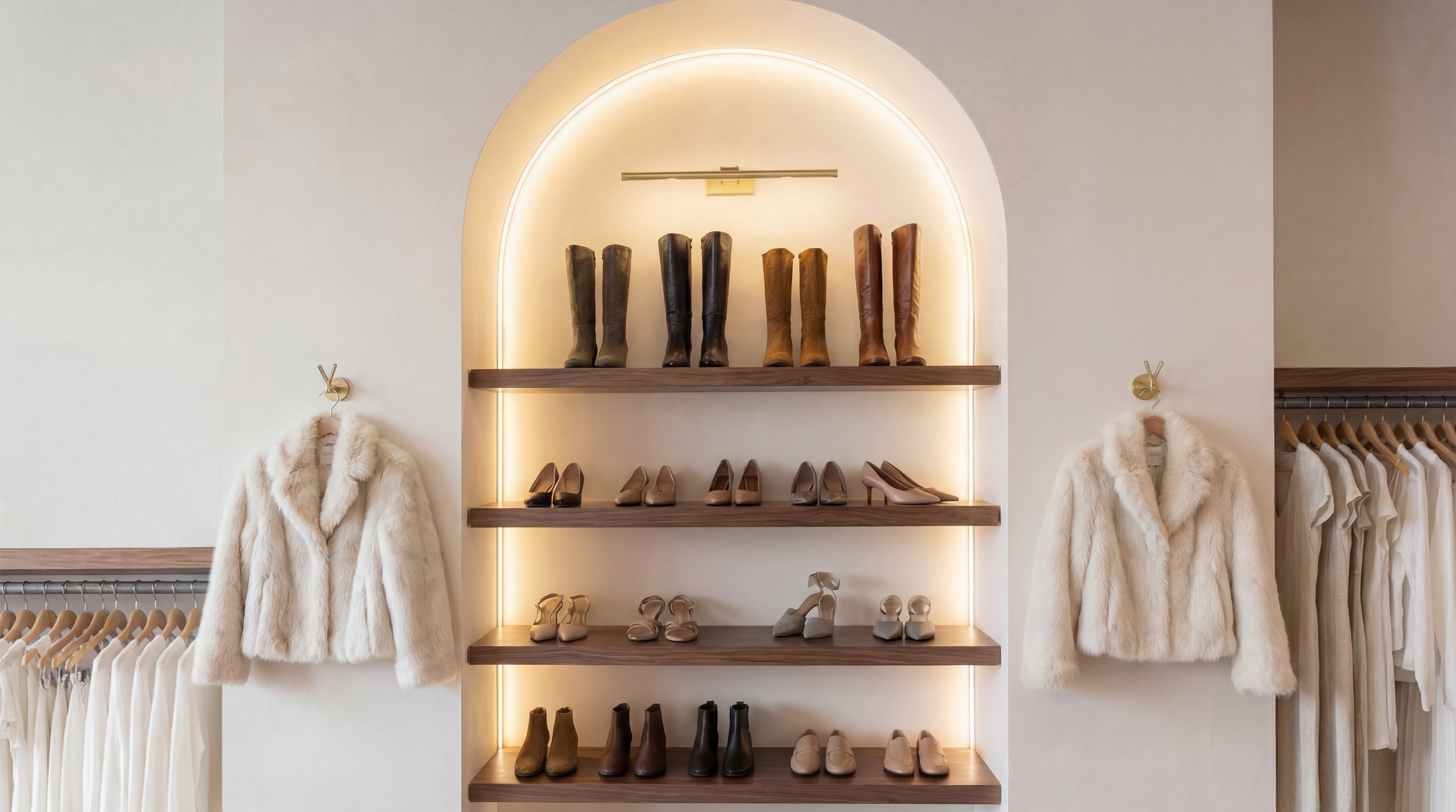 Display of women's shoes and boots on wooden shelves in a well-lit boutique, with white fur jackets hanging on either side.