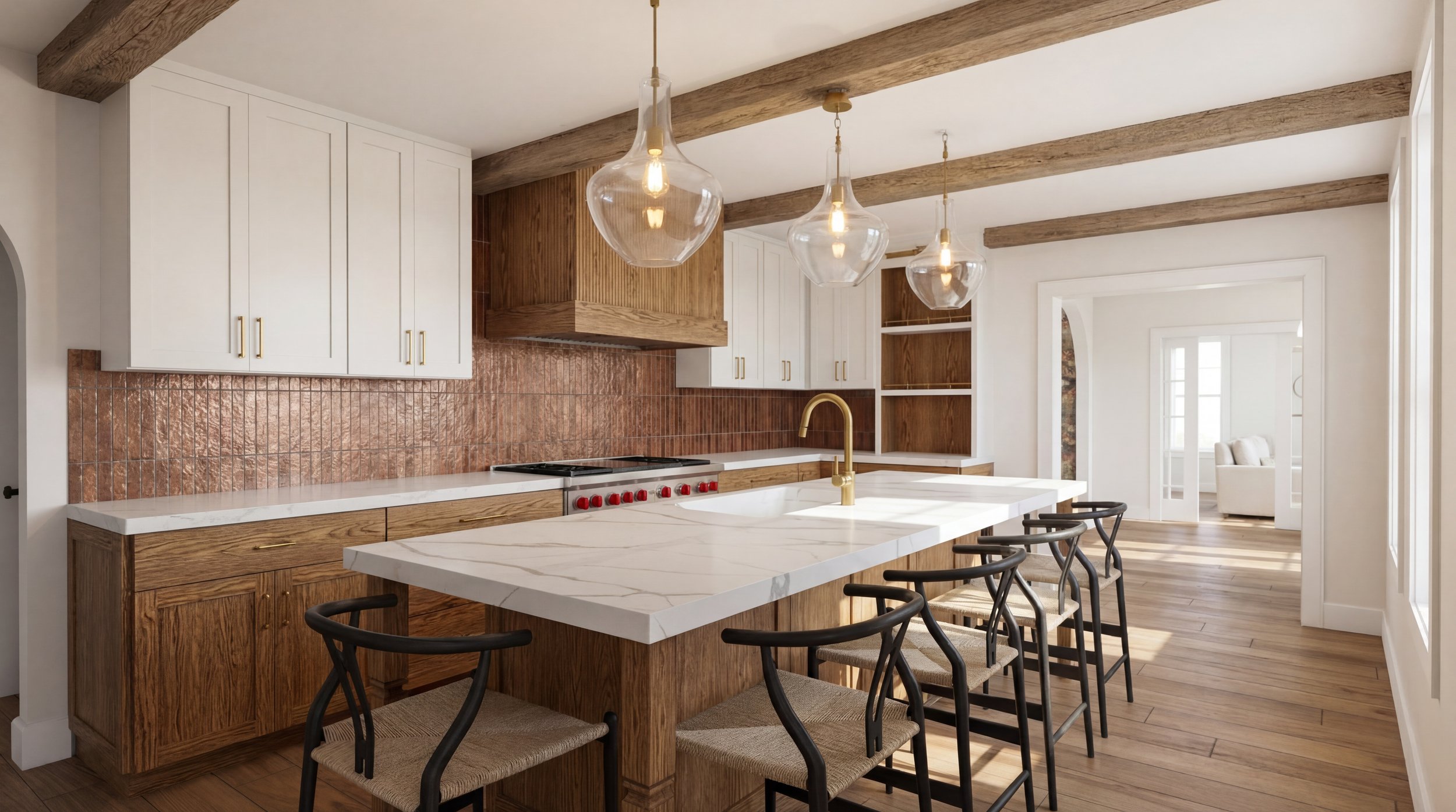 Modern kitchen with white cabinets, wooden accents, a marble island with a gold faucet, bar stools, pendant lighting, and a copper-colored backsplash.