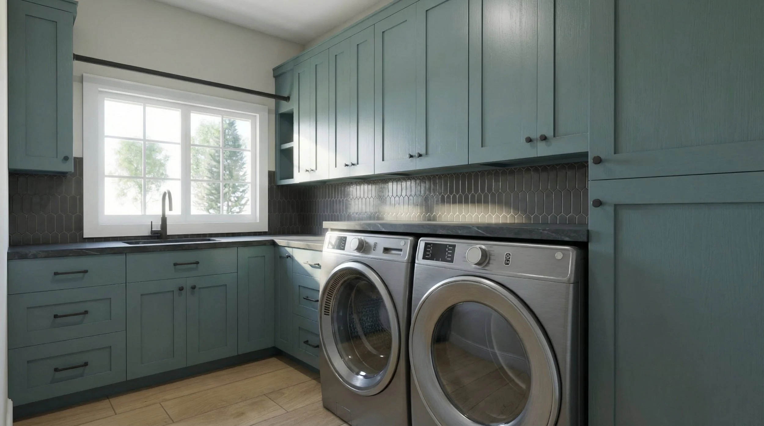 Laundry room with custom cabinetry.