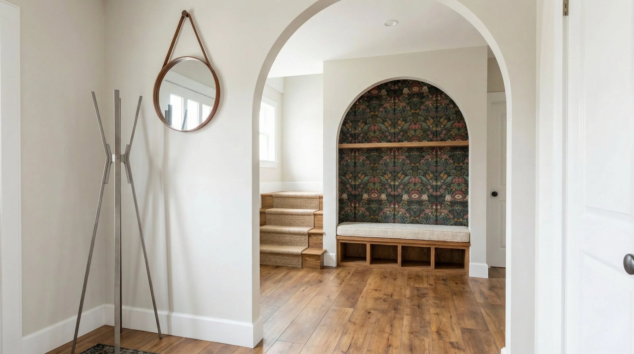 Interior view of a house with an arched entryway, a staircase with carpeted steps, a built-in bench with a hanging shelf and patterned wallpaper behind, a circular mirror on the wall, a standing coat rack, light-colored walls, and hardwood floors.