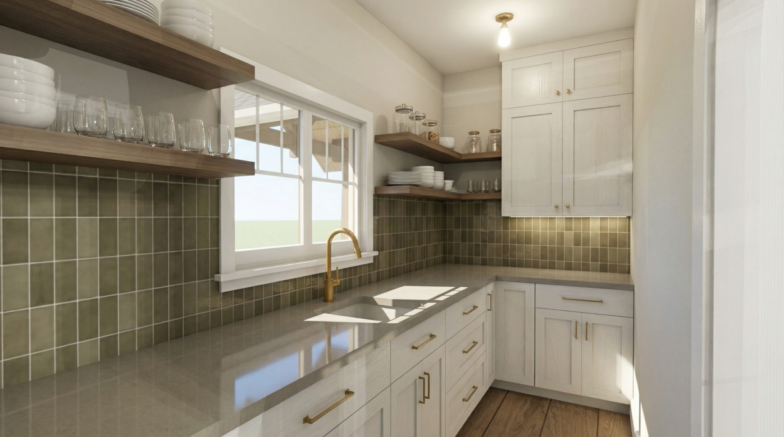 Bright kitchen with white cabinets, green tiled backsplash, open wooden shelves with dishes and glasses, a window with views outside, and a brass faucet.