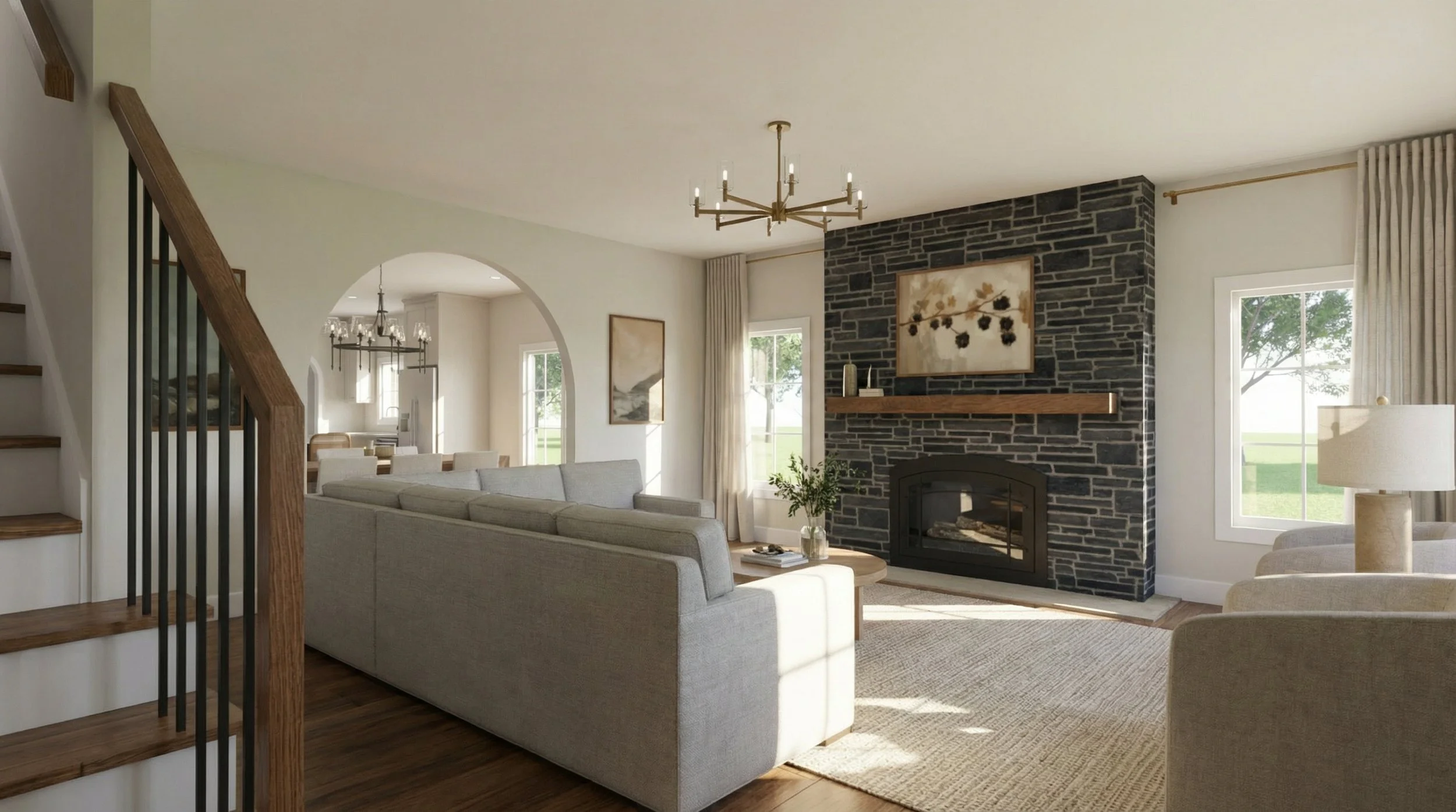 Living room with gas fireplace.